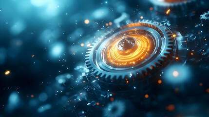 Poster - Close-up view of intricate gears and mechanisms illuminated with vibrant orange light, showcasing advanced technology in motion.