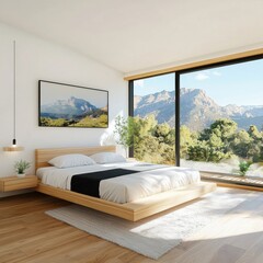 Poster - Serene minimalist bedroom with natural light sustainable decor and stunning mountain views wide angle photography peaceful atmosphere