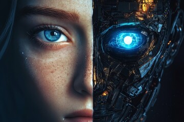 Poster - Human Machine Synergy - Close-up of a woman's face, half human, half robotic, showcasing a blend of organic and mechanical elements