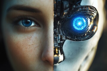 Poster - Humanoid AI Fusion - Close-up of a woman's face merging with a robotic eye, symbolizing artificial intelligence and transhumanism