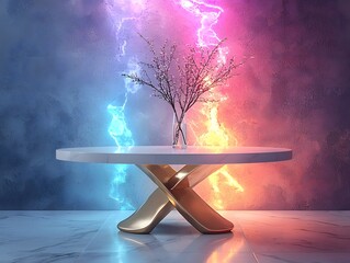 Poster - Radiant Glowing White Round Table with Golden Legs Set Against Pastel Gradient Background for Beauty Product Showcase