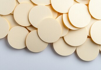 Poster - close up view of numerous pale yellow, round, textured discs arranged in an overlapping pattern agai