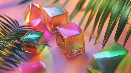 Poster - Iridescent Cubes and Palm Leaf - Colorful iridescent glass cubes arranged on a pink background with a palm leaf. Modern, abstract, and vibrant