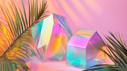 Poster - Iridescent Glass Houses - Two iridescent glass houses sit on a pink background, accented by palm fronds. A vibrant, modern aesthetic