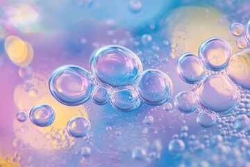 Poster - Iridescent Bubbles Abstract - Close-up shot of colorful iridescent bubbles on a pastel background. Perfect for design, beauty, and science