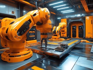 Poster - Orange Robotic Arms Working on Assembly Line in Modern Factory