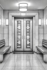 Canvas Print - Black and white photo of a hallway with ornate double doors, stone walls, and simple benches. The lighting is bright, creating a clean and