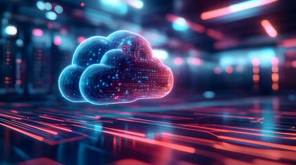 Poster - Futuristic cloud technology visualization, showcasing data transfer and digital networking in a vibrant, abstract representation.