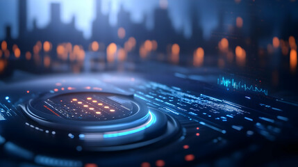 Poster - Futuristic digital interface with glowing elements, showcasing advanced technology in an urban environment.