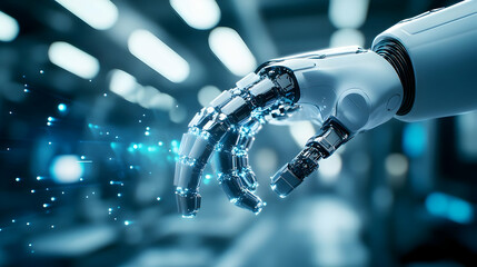 Poster - Futuristic robotic hand reaching out, showcasing advanced technology and innovation in automation and artificial intelligence.