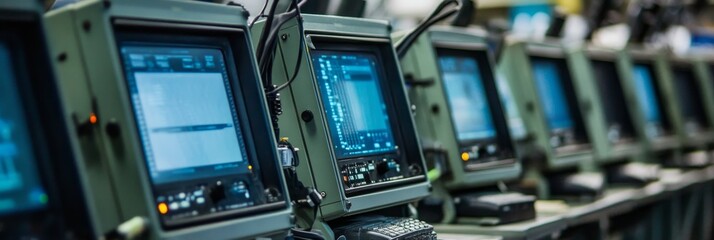 Poster - Military Communication Network: Secure Data Transmission - A row of military communication devices displays encrypted data, symbolizing security, technology, defense, connectivity