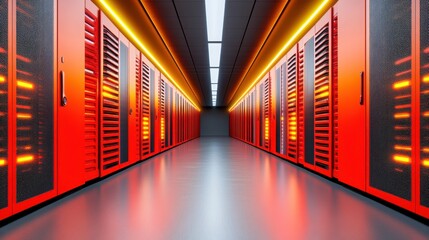 Poster - Modern server room interior with rows of red server cabinets and bright orange LED lights, reflecting on a polished floor. The perspective is down a