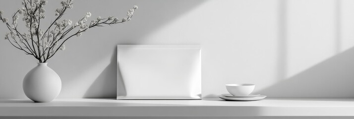 Poster - Minimalist White Home Decor Scene - A serene monochrome still life featuring a white vase with branches, a blank white card, and a teacup on a white surface