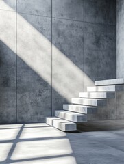 Poster - Modern Concrete Staircase in Gray Room - Modern architecture, industrial design, concrete stairs, sunlight, minimalist. Symbols of ascension, progress, ambition, simplicity, and strength