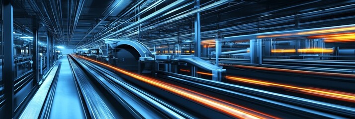 Poster - Modern Industrial Conveyor System Facility - High-tech factory, automation, efficiency, production line, speed. Symbolizing innovation, progress, industry, technology, and manufacturing