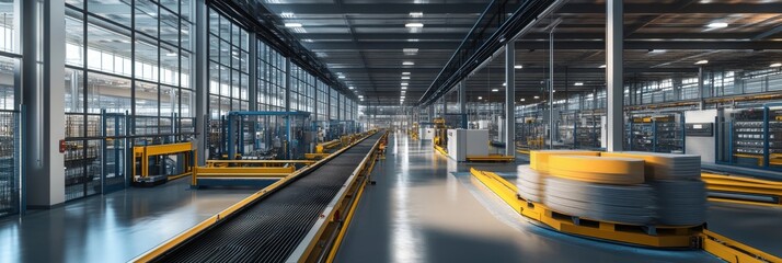 Poster - Modern Industrial Factory Conveyor System - A modern industrial facility showcasing efficient conveyor belts, advanced automation, and streamlined logistics, symbolizing progress, technology