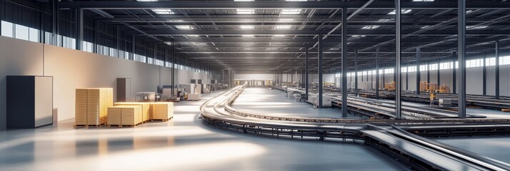 Poster - modern industrial warehouse conveyor system - efficient logistics, automated processes, warehouse te