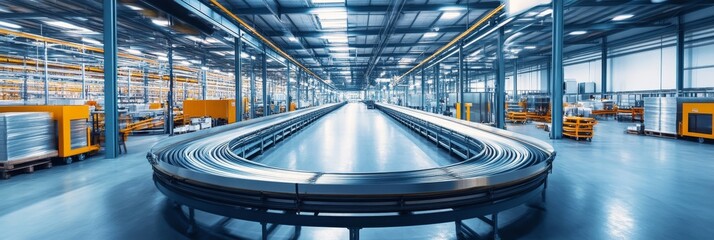 Poster - Modern Industrial Facility Conveyor System - Efficient production line, advanced technology, workflow, automated processes, industrial efficiency. Symbolizes progress, innovation, manufacturing