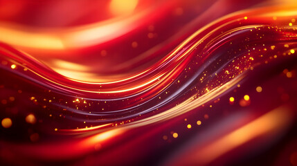 Poster - Vibrant abstract background with flowing waves of red and orange, illuminated by soft glimmers of light, creating a dynamic visual effect.