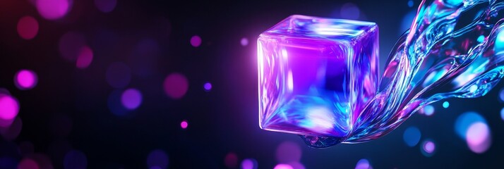 Poster - Neon Cube Abstract Design - Glowing purple and blue cube with abstract neon liquid trail, dark background with bokeh