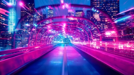 Poster - Neon Cityscape Tunnel Vision - A vibrant art depicting a futuristic city tunnel bathed in neon pink and blue light, symbolizing speed, technology, progress, dreams, and urban exploration
