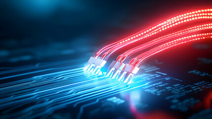 Poster - Vibrant digital circuitry with glowing red and blue signals, representing advanced technology and connectivity in a modern environment.