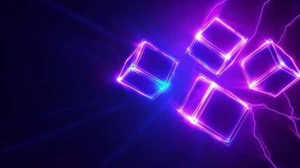 Poster - Neon Cubes Flowing in Dark Tech Design - Abstract tech background with glowing neon cubes symbolizing innovation, energy, technology, flow, and futuristic design