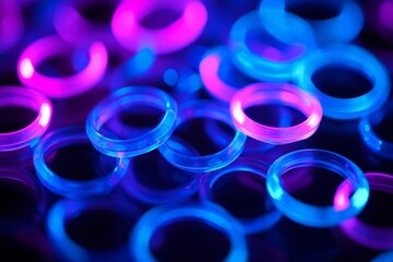 Poster - Neon Rings Abstract Blue Pink Glowing Circles - Abstract of glowing neon rings in blue and pink, symbolizing energy, technology, connection, infinity, and modern design