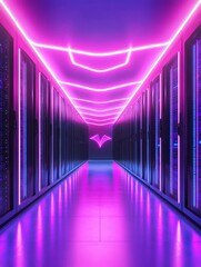 Poster - neon lit data center corridor - a vibrant of a data center hallway illuminated with neon pink and pu