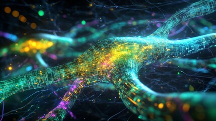 Poster - Neural Network Connections - Abstract depicting vibrant neural network connections, glowing with multicolored energy. Ideal for technology, science, or medical concepts