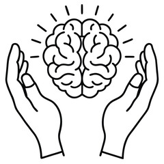 Poster - The human brain is protected by hands. Human hand with brain, fingers showing power sign. Element of idea and solutions for mobile concept and web apps. Thin line icon for website app development. 
