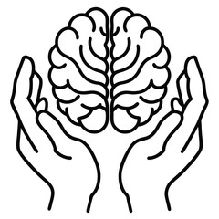 Poster - The human brain is protected by hands. Human hand with brain, fingers showing power sign. Element of idea and solutions for mobile concept and web apps. Thin line icon for website app development. 
