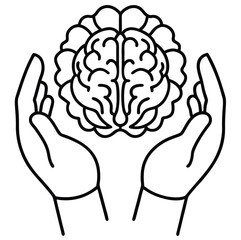 Poster - The human brain is protected by hands. Human hand with brain, fingers showing power sign. Element of idea and solutions for mobile concept and web apps. Thin line icon for website app development. 