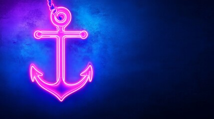 Poster - Neon Anchor Glow: Nautical Marine Rope Design - Glowing neon anchor, marine rope, nautical theme, vibrant colors, hope and stability concept