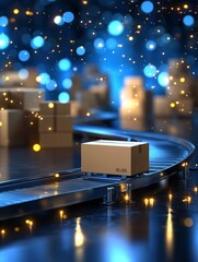 Poster - Package on Conveyor Belt - A cardboard box moves along a conveyor belt in a warehouse, surrounded by blurred lights