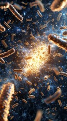 Poster - Dysbiosis illustration of unhealthy gut flora imbalance scientific visualization space environment overhead angle realistic concept