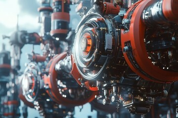 Poster - Red and Chrome Technology Background - Futuristic machinery, intricate details, chrome accents, red metallic components, high-tech engineering. Symbolizing innovation, technology, precision, power