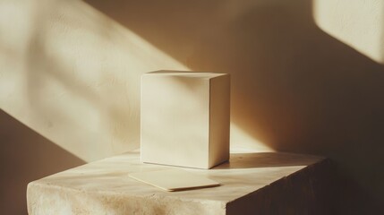 Poster - Sunlit Beige Block and Note - Minimalist still life showcasing a beige block and note, symbolizing simplicity, elegance, purity, serenity, and calm
