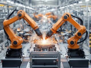 Poster - Industrial Robots Welding Metal in Factory Setting