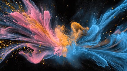 Aufkleber - Abstract swirling pink, blue, and gold paint in dark background.