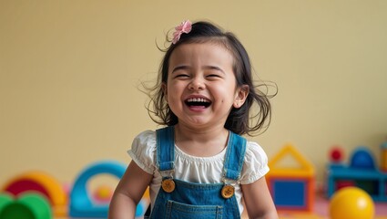 Wall Mural - A toddler girl giggling in overalls in a playroom in closeup portrait on a plain pastel yellow background