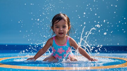 Wall Mural - A toddler girl splashing water in a swimsuit at a splash pad in closeup portrait on a plain bright blue background