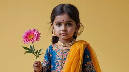 Wall Mural - A toddler South Asian girl holding a flower in a festival outfit in closeup portrait on a plain bright yellow background