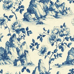 Wall Mural - elegant floral pattern featuring blue peonies and rocky landscape details.
