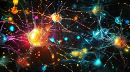 Poster - Vibrant Neural Network Connections - Microscopic view of colorful interconnected neurons, showcasing complex brain activity and neural pathways