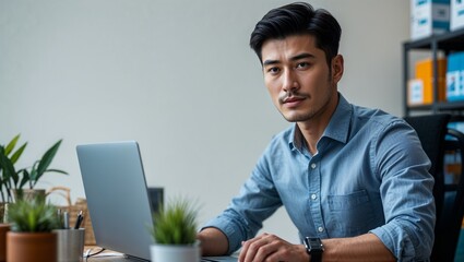 Wall Mural - A young Central Asian man managing an online store in casual office wear at a small business in closeup portrait on a plain offwhite background