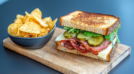 Canvas Print - Grilled sandwich with melted cheese, pickles, and arugula served with tortilla chips on a wooden board. The setting is minimalist and modern, with