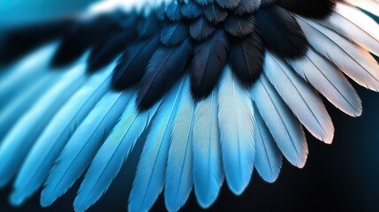 Poster - close-up of a bird's vibrant feathers showcasing a gradient of blue and black colors, softly illumin