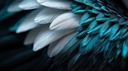 Poster - vibrant close-up of teal and white feathers arranged in a natural pattern, showcasing texture