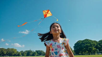 Wall Mural - A young Southeast Asian girl flying a kite in summer clothes in a park in closeup portrait on a plain sky blue background